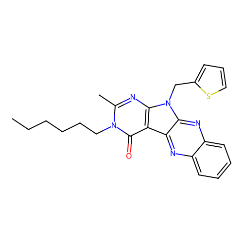 3-hexyl-2-methyl-11-(thiophen-2-ylmethyl)-3,11-dihydro-4H-pyrimido[5',4':4,5]pyrrolo[2,3-b]quinoxalin-4-one structure