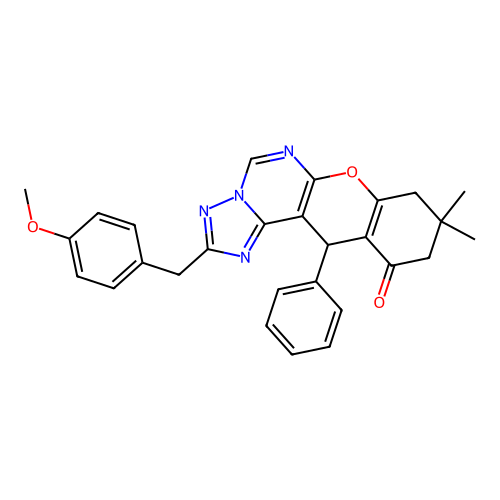 2-(4-methoxybenzyl)-9,9-dimethyl-12-phenyl-8,9,10,12-tetrahydro-11H-chromeno[3,2-e][1,2,4]triazolo[1,5-c]pyrimidin-11-one structure