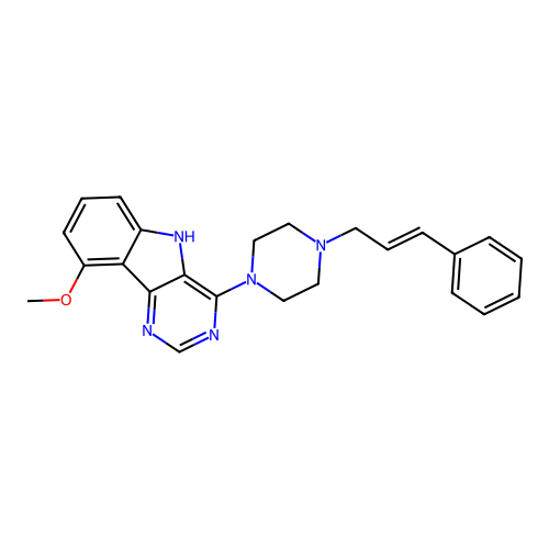 (E)-4-(4-cinnamylpiperazin-1-yl)-9-methoxy-5H-pyrimido[5,4-b]indole structure
