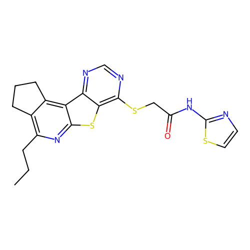 2-((4-propyl-2,3-dihydro-1H-cyclopenta[4',5']pyrido[3',2':4,5]thieno[3,2-d]pyrimidin-7-yl)thio)-N-(thiazol-2-yl)acetamide structure