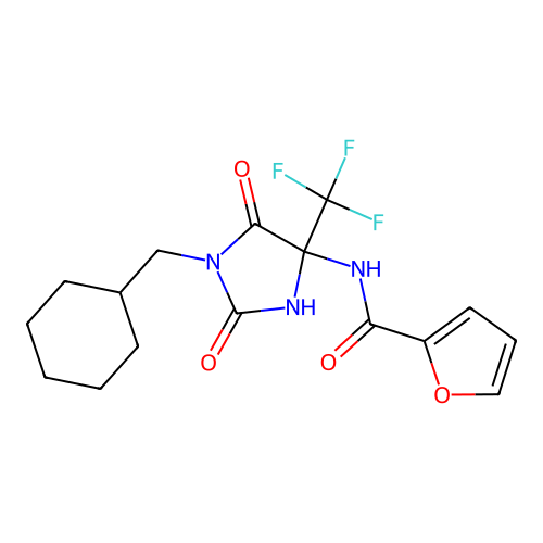 N-[1-(cyclohexylmethyl)-2,5-dioxo-4-(trifluoromethyl)imidazolidin-4-yl]furan-2-carboxamide structure