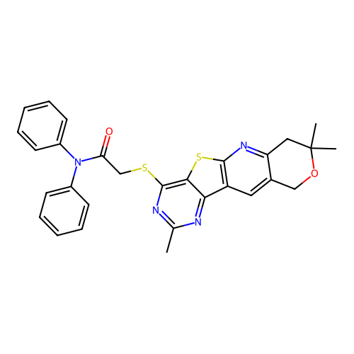 N,N-diphenyl-2-[(2,8,8-trimethyl-7,10-dihydro-8H-pyrano[3'',4'':5',6']pyrido[3',2':4,5]thieno[3,2-d]pyrimidin-4-yl)sulfanyl]acetamide structure
