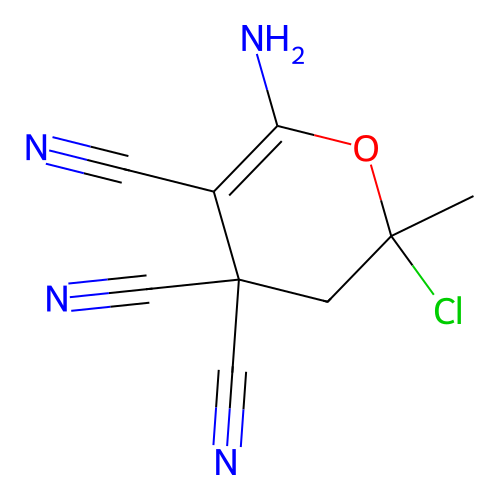 2-amino-6-chloro-6-methyl-5,6-dihydro-4H-pyran-3,4,4-tricarbonitrile structure
