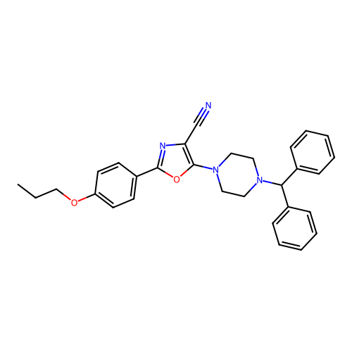 5-(4-benzhydrylpiperazin-1-yl)-2-(4-propoxyphenyl)-1,3-oxazole-4-carbonitrile structure