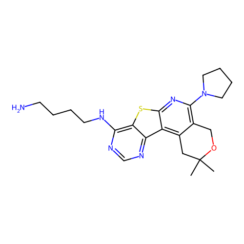 N-[2,2-dimethyl-5-(pyrrolidin-1-yl)-1,4-dihydro-2H-pyrano[4'',3'':4',5']pyrido[3',2':4,5]thieno[3,2-d]pyrimidin-8-yl]butane-1,4-diamine structure