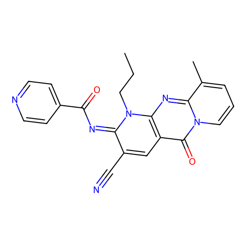 (E)-N-(3-cyano-10-methyl-5-oxo-1-propyl-1H-dipyrido[1,2-a:2',3'-d]pyrimidin-2(5H)-ylidene)isonicotinamide structure