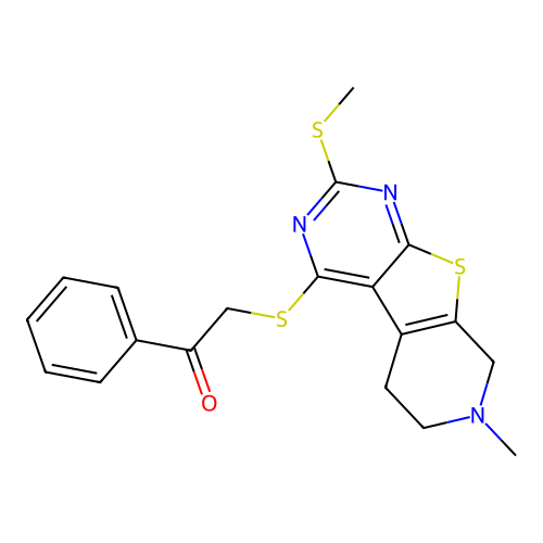 2-((7-methyl-2-(methylthio)-5,6,7,8-tetrahydropyrido[4',3':4,5]thieno[2,3-d]pyrimidin-4-yl)thio)-1-phenylethanone structure