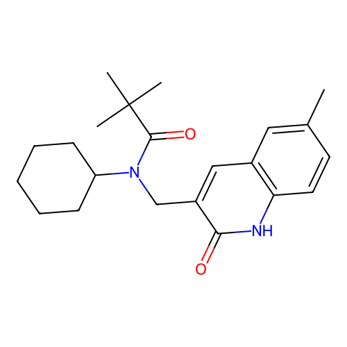 N-cyclohexyl-2,2-dimethyl-N-[(6-methyl-2-oxo-1H-quinolin-3-yl)methyl]propanamide structure
