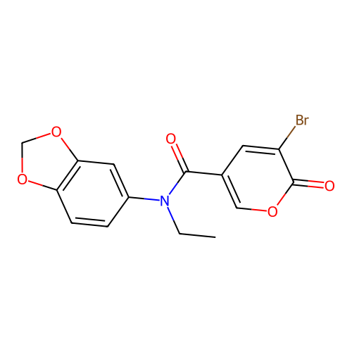 N-(1,3-benzodioxol-5-yl)-3-bromo-N-ethyl-2-oxo-2H-pyran-5-carboxamide structure