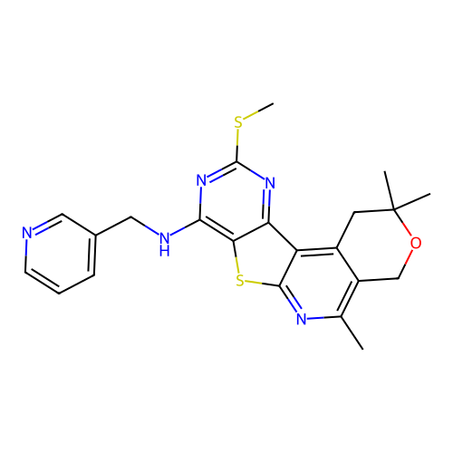 2,2,5-trimethyl-10-(methylsulfanyl)-N-(pyridin-3-ylmethyl)-1,4-dihydro-2H-pyrano[4'',3'':4',5']pyrido[3',2':4,5]thieno[3,2-d]pyrimidin-8-amine structure
