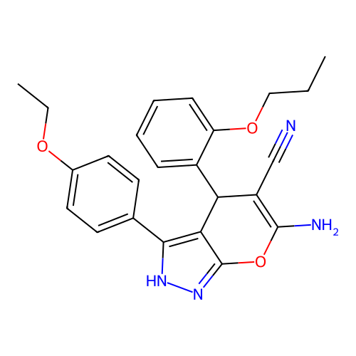 6-amino-3-(4-ethoxyphenyl)-4-(2-propoxyphenyl)-2,4-dihydropyrano[2,3-c]pyrazole-5-carbonitrile structure