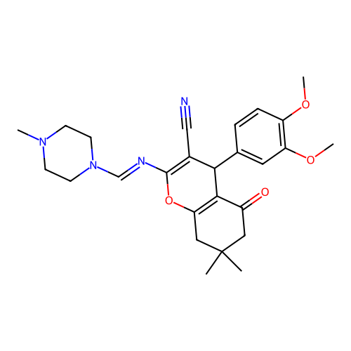 4-(3,4-dimethoxyphenyl)-7,7-dimethyl-2-{[(E)-(4-methylpiperazin-1-yl)methylidene]amino}-5-oxo-5,6,7,8-tetrahydro-4H-chromene-3-carbonitrile structure