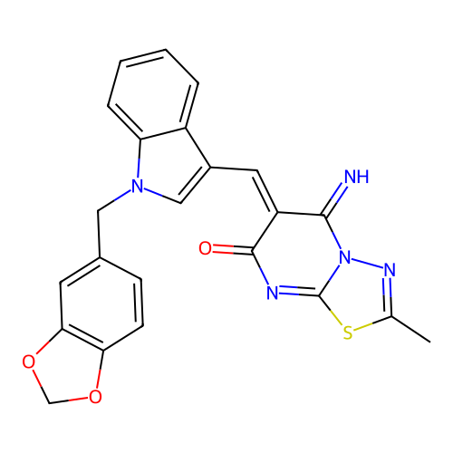 (6Z)-6-[[1-(1,3-benzodioxol-5-ylmethyl)indol-3-yl]methylidene]-5-imino-2-methyl-[1,3,4]thiadiazolo[3,2-a]pyrimidin-7-one structure