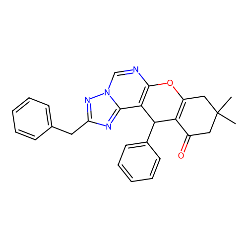 2-benzyl-9,9-dimethyl-12-phenyl-8,9,10,12-tetrahydro-11H-chromeno[3,2-e][1,2,4]triazolo[1,5-c]pyrimidin-11-one structure