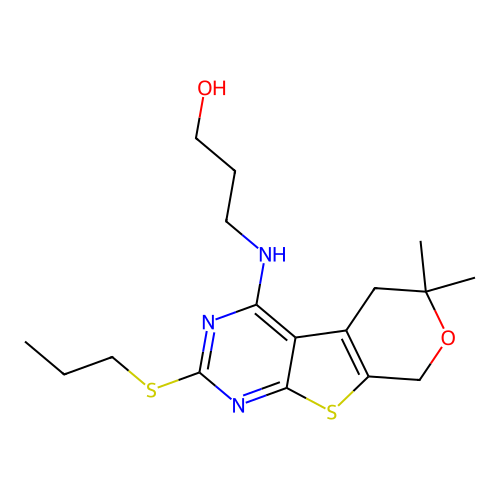 3-((6,6-dimethyl-2-(propylthio)-6,8-dihydro-5H-pyrano[4',3':4,5]thieno[2,3-d]pyrimidin-4-yl)amino)propan-1-ol structure