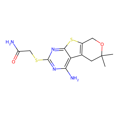 2-((4-amino-6,6-dimethyl-6,8-dihydro-5H-pyrano[4',3':4,5]thieno[2,3-d]pyrimidin-2-yl)thio)acetamide structure