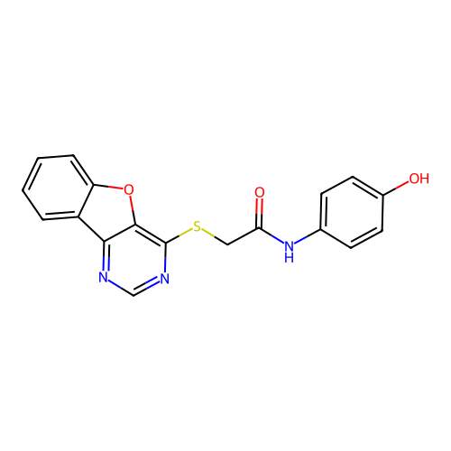2-([1]benzofuro[3,2-d]pyrimidin-4-ylsulfanyl)-N-(4-hydroxyphenyl)acetamide structure