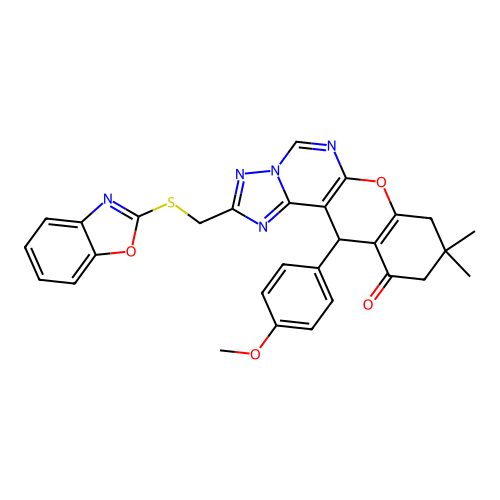 2-((benzo[d]oxazol-2-ylthio)methyl)-12-(4-methoxyphenyl)-9,9-dimethyl-9,10-dihydro-8H-chromeno[3,2-e][1,2,4]triazolo[1,5-c]pyrimidin-11(12H)-one structure