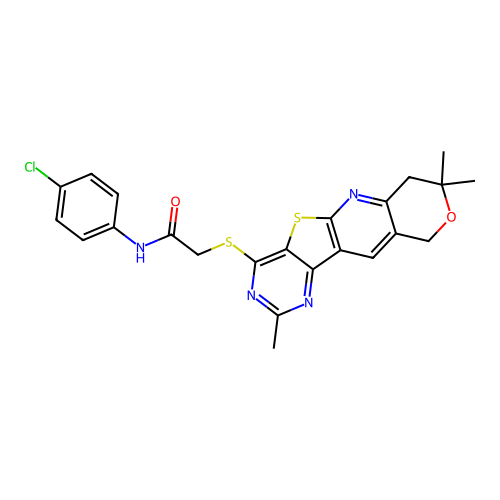 N-(4-chlorophenyl)-2-((2,8,8-trimethyl-8,10-dihydro-7H-pyrano[3'',4'':5',6']pyrido[3',2':4,5]thieno[3,2-d]pyrimidin-4-yl)thio)acetamide structure