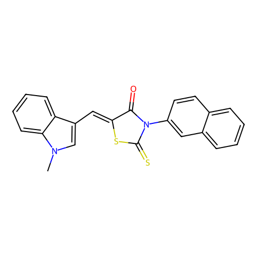 (Z)-5-((1-methyl-1H-indol-3-yl)methylene)-3-(naphthalen-2-yl)-2-thioxothiazolidin-4-one structure