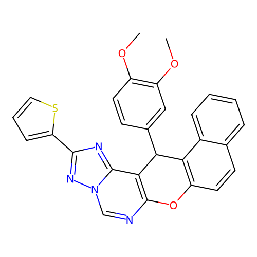 14-(3,4-dimethoxyphenyl)-2-(thiophen-2-yl)-14H-benzo[5,6]chromeno[3,2-e][1,2,4]triazolo[1,5-c]pyrimidine structure