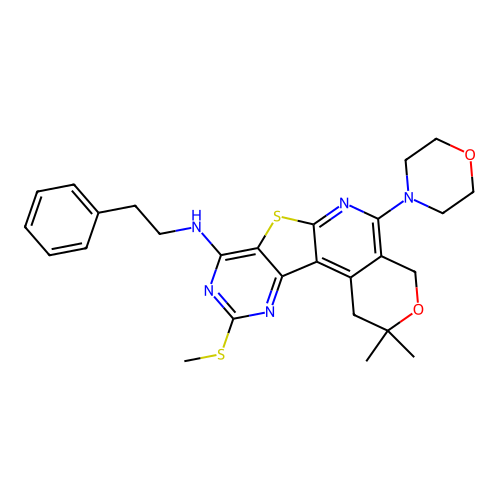 2,2-dimethyl-10-(methylsulfanyl)-5-(morpholin-4-yl)-N-(2-phenylethyl)-1,4-dihydro-2H-pyrano[4'',3'':4',5']pyrido[3',2':4,5]thieno[3,2-d]pyrimidin-8-amine structure