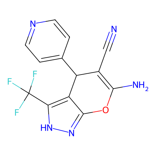 6-amino-4-pyridin-4-yl-3-(trifluoromethyl)-2,4-dihydropyrano[2,3-c]pyrazole-5-carbonitrile structure