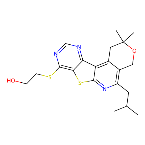 2-((5-isobutyl-2,2-dimethyl-2,4-dihydro-1H-pyrano[4'',3'':4',5']pyrido[3',2':4,5]thieno[3,2-d]pyrimidin-8-yl)thio)ethanol structure