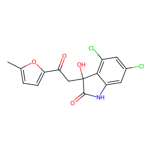 4,6-dichloro-3-hydroxy-3-[2-(5-methylfuran-2-yl)-2-oxoethyl]-1H-indol-2-one structure