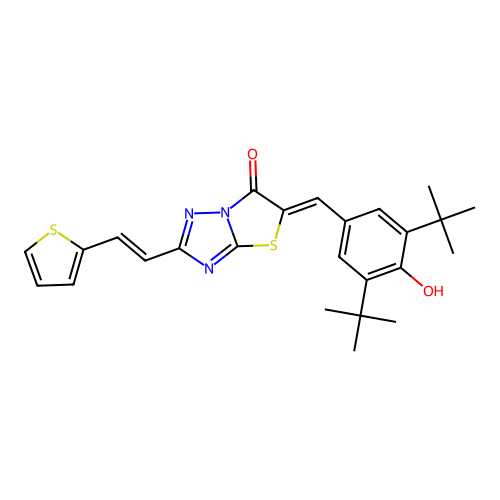 (5Z)-5-(3,5-di-tert-butyl-4-hydroxybenzylidene)-2-[(E)-2-(thiophen-2-yl)ethenyl][1,3]thiazolo[3,2-b][1,2,4]triazol-6(5H)-one structure