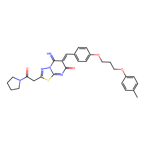 (6Z)-5-imino-6-[[4-[3-(4-methylphenoxy)propoxy]phenyl]methylidene]-2-(2-oxo-2-pyrrolidin-1-ylethyl)-[1,3,4]thiadiazolo[3,2-a]pyrimidin-7-one structure
