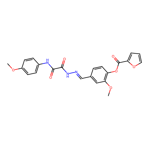 (E)-2-methoxy-4-((2-(2-((4-methoxyphenyl)amino)-2-oxoacetyl)hydrazono)methyl)phenyl furan-2-carboxylate structure