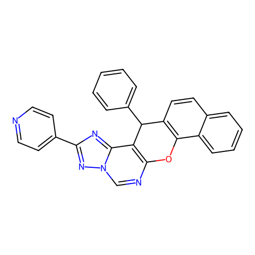 14-phenyl-2-(pyridin-4-yl)-14H-benzo[7,8]chromeno[3,2-e][1,2,4]triazolo[1,5-c]pyrimidine structure