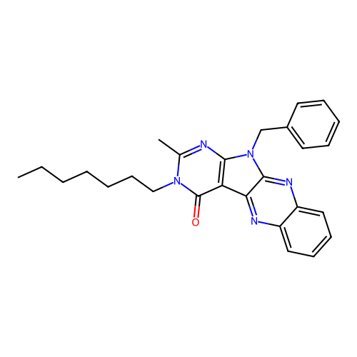 11-benzyl-3-heptyl-2-methyl-3H-pyrimido[5',4':4,5]pyrrolo[2,3-b]quinoxalin-4(11H)-one structure