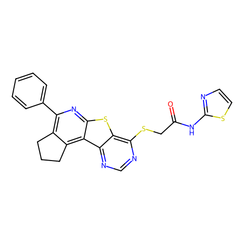 2-((4-phenyl-2,3-dihydro-1H-cyclopenta[4',5']pyrido[3',2':4,5]thieno[3,2-d]pyrimidin-7-yl)thio)-N-(thiazol-2-yl)acetamide structure