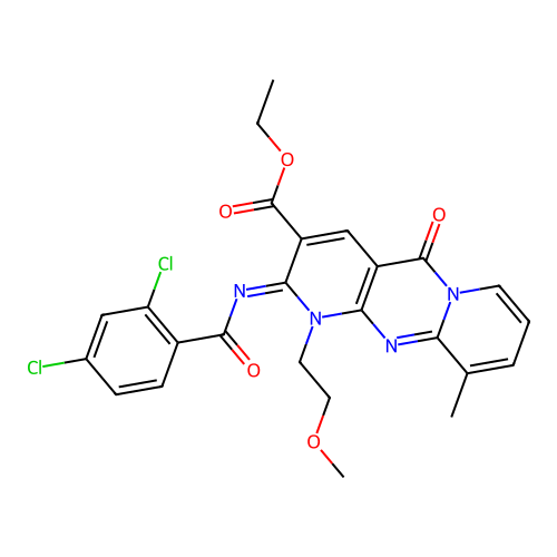 (Z)-ethyl 2-((2,4-dichlorobenzoyl)imino)-1-(2-methoxyethyl)-10-methyl-5-oxo-2,5-dihydro-1H-dipyrido[1,2-a:2',3'-d]pyrimidine-3-carboxylate structure