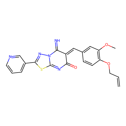 (6Z)-5-imino-6-[(3-methoxy-4-prop-2-enoxyphenyl)methylidene]-2-pyridin-3-yl-[1,3,4]thiadiazolo[3,2-a]pyrimidin-7-one structure