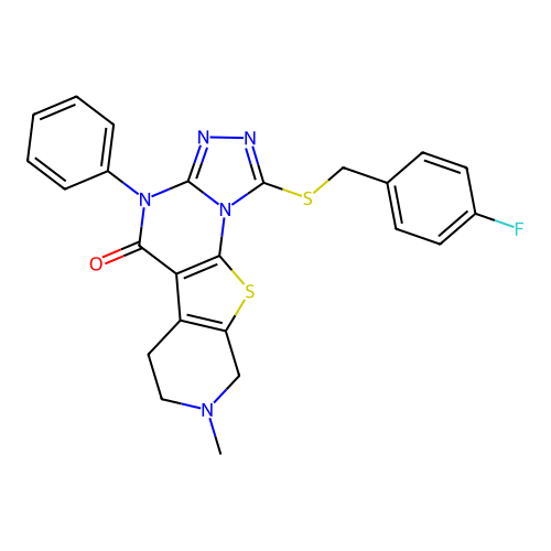 1-((4-fluorobenzyl)thio)-8-methyl-4-phenyl-6,7,8,9-tetrahydropyrido[4',3':4,5]thieno[3,2-e][1,2,4]triazolo[4,3-a]pyrimidin-5(4H)-one structure