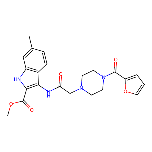 methyl 3-[[2-[4-(furan-2-carbonyl)piperazin-1-yl]acetyl]amino]-6-methyl-1H-indole-2-carboxylate structure