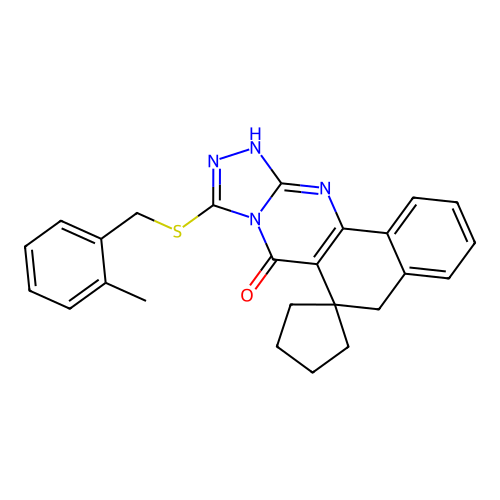 9-((2-methylbenzyl)thio)-5H-spiro[benzo[h][1,2,4]triazolo[3,4-b]quinazoline-6,1'-cyclopentan]-7(12H)-one structure