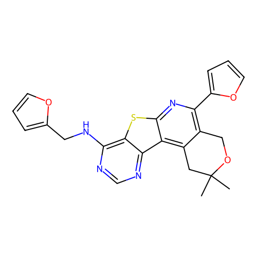 5-(furan-2-yl)-N-(furan-2-ylmethyl)-2,2-dimethyl-1,4-dihydro-2H-pyrano[4'',3'':4',5']pyrido[3',2':4,5]thieno[3,2-d]pyrimidin-8-amine structure