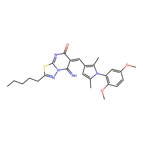 (6E)-6-[[1-(2,5-dimethoxyphenyl)-2,5-dimethylpyrrol-3-yl]methylidene]-5-imino-2-pentyl-[1,3,4]thiadiazolo[3,2-a]pyrimidin-7-one structure