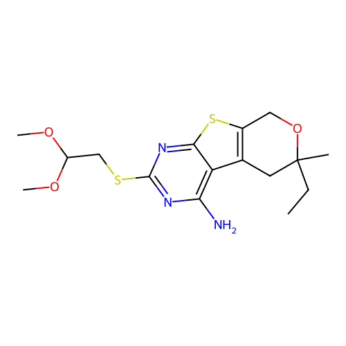 2-((2,2-dimethoxyethyl)thio)-6-ethyl-6-methyl-6,8-dihydro-5H-pyrano[4',3':4,5]thieno[2,3-d]pyrimidin-4-amine structure