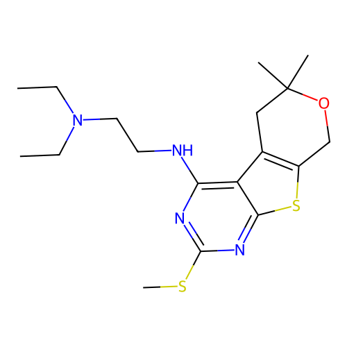 N'-[6,6-dimethyl-2-(methylsulfanyl)-5,8-dihydro-6H-pyrano[4',3':4,5]thieno[2,3-d]pyrimidin-4-yl]-N,N-diethylethane-1,2-diamine structure