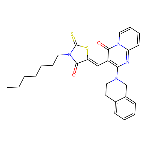 2-(3,4-Dihydro-1H-isoquinolin-2-yl)-3-[3-heptyl-4-oxo-2-thioxo-thiazolidin-(5Z)-ylidenemethyl]-pyrido[1,2-a]pyrimidin-4-one structure