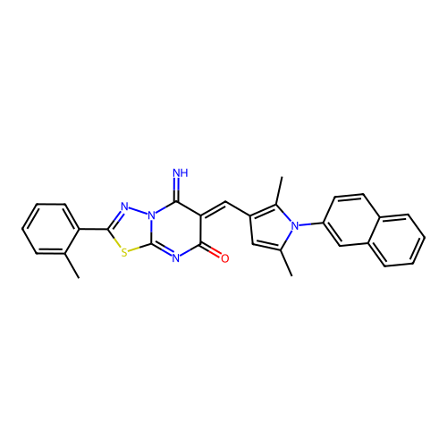 (6Z)-6-[(2,5-dimethyl-1-naphthalen-2-ylpyrrol-3-yl)methylidene]-5-imino-2-(2-methylphenyl)-[1,3,4]thiadiazolo[3,2-a]pyrimidin-7-one structure