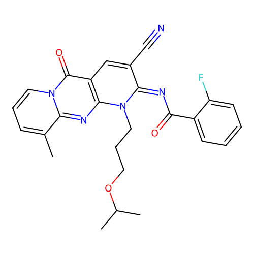 (E)-N-(3-cyano-1-(3-isopropoxypropyl)-10-methyl-5-oxo-1H-dipyrido[1,2-a:2',3'-d]pyrimidin-2(5H)-ylidene)-2-fluorobenzamide structure