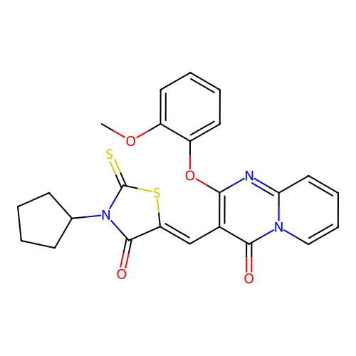 3-[(Z)-(3-cyclopentyl-4-oxo-2-thioxo-1,3-thiazolidin-5-ylidene)methyl]-2-(2-methoxyphenoxy)-4H-pyrido[1,2-a]pyrimidin-4-one structure