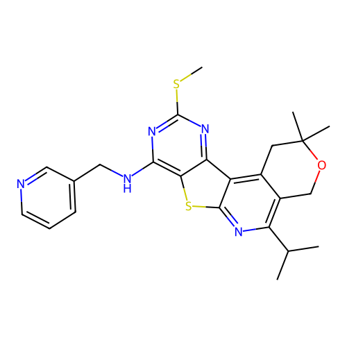 2,2-dimethyl-10-(methylsulfanyl)-5-(propan-2-yl)-N-(pyridin-3-ylmethyl)-1,4-dihydro-2H-pyrano[4'',3'':4',5']pyrido[3',2':4,5]thieno[3,2-d]pyrimidin-8-amine structure