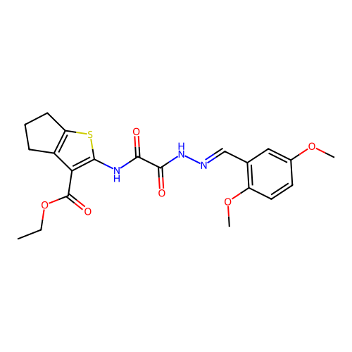 (E)-ethyl 2-(2-(2-(2,5-dimethoxybenzylidene)hydrazinyl)-2-oxoacetamido)-5,6-dihydro-4H-cyclopenta[b]thiophene-3-carboxylate structure